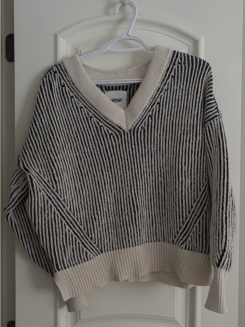 Aerie Black & Cream Striped V-Neck Sweater